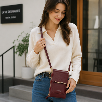 Red Touch Screen Phone Wallet Crossbody Bag for Women Vertical PU Leather Purse with Card Holder Zipper Pocket Adjustable Strap for Travel Shopping Everyday Use