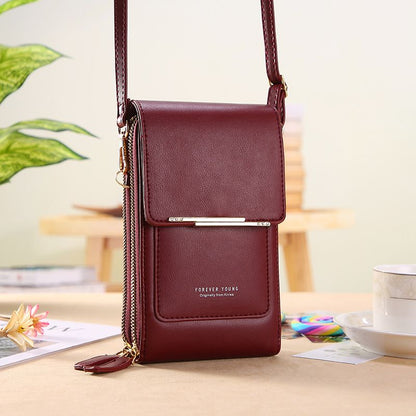 Red Touch Screen Phone Wallet Crossbody Bag for Women Vertical PU Leather Purse with Card Holder Zipper Pocket Adjustable Strap for Travel Shopping Everyday Use