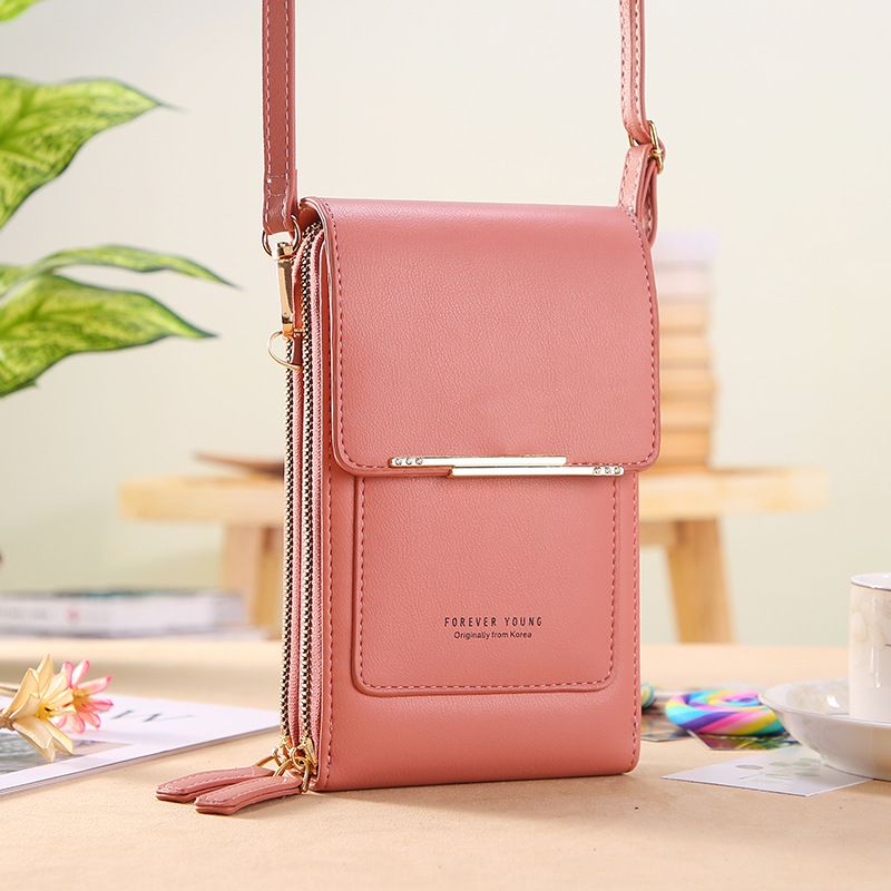 Pink Touch Screen Phone Wallet Crossbody Bag for Women Vertical PU Leather Purse with Card Holder Zipper Pocket Adjustable Strap for Travel Shopping Everyday Use