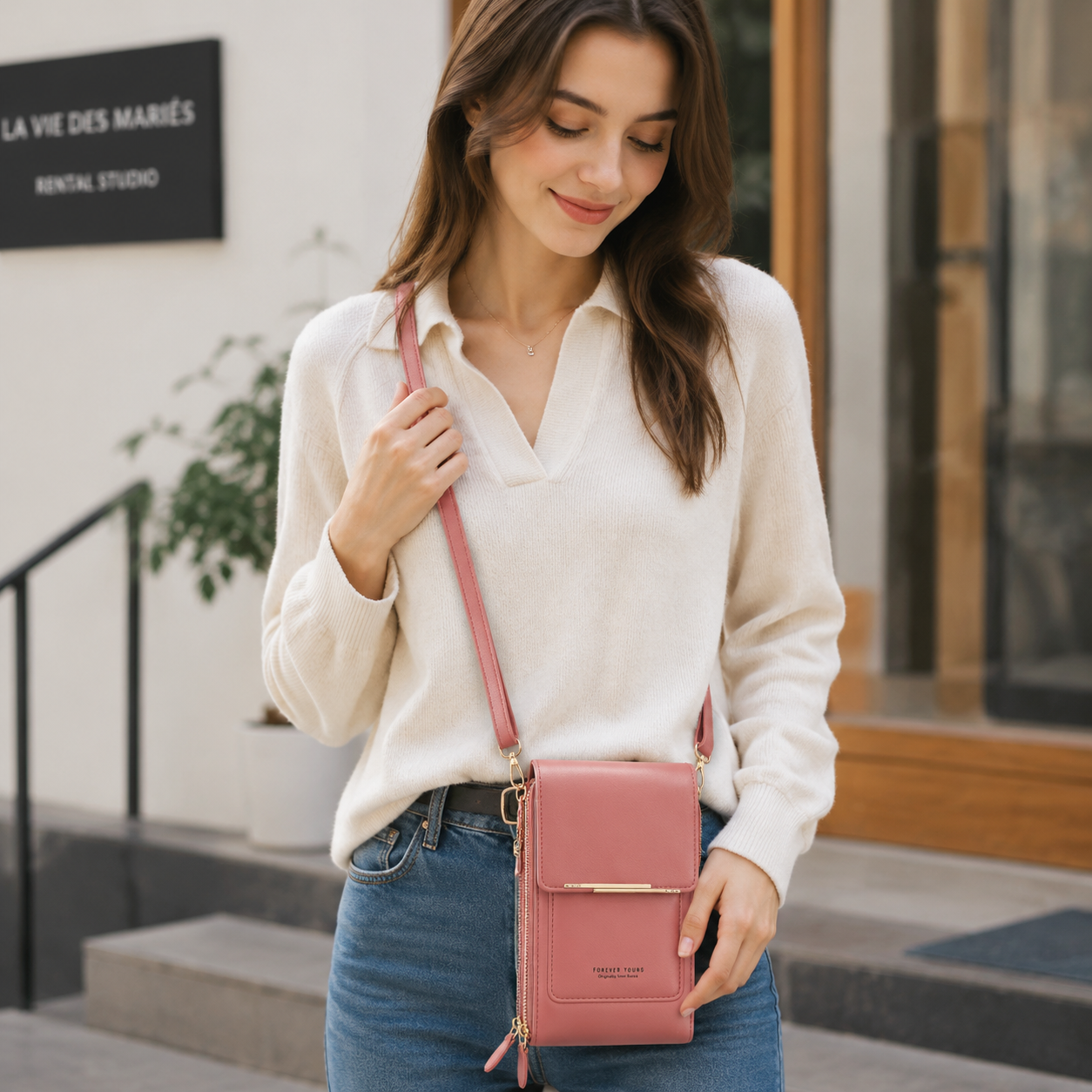 Pink Touch Screen Phone Wallet Crossbody Bag for Women Vertical PU Leather Purse with Card Holder Zipper Pocket Adjustable Strap for Travel Shopping Everyday Use