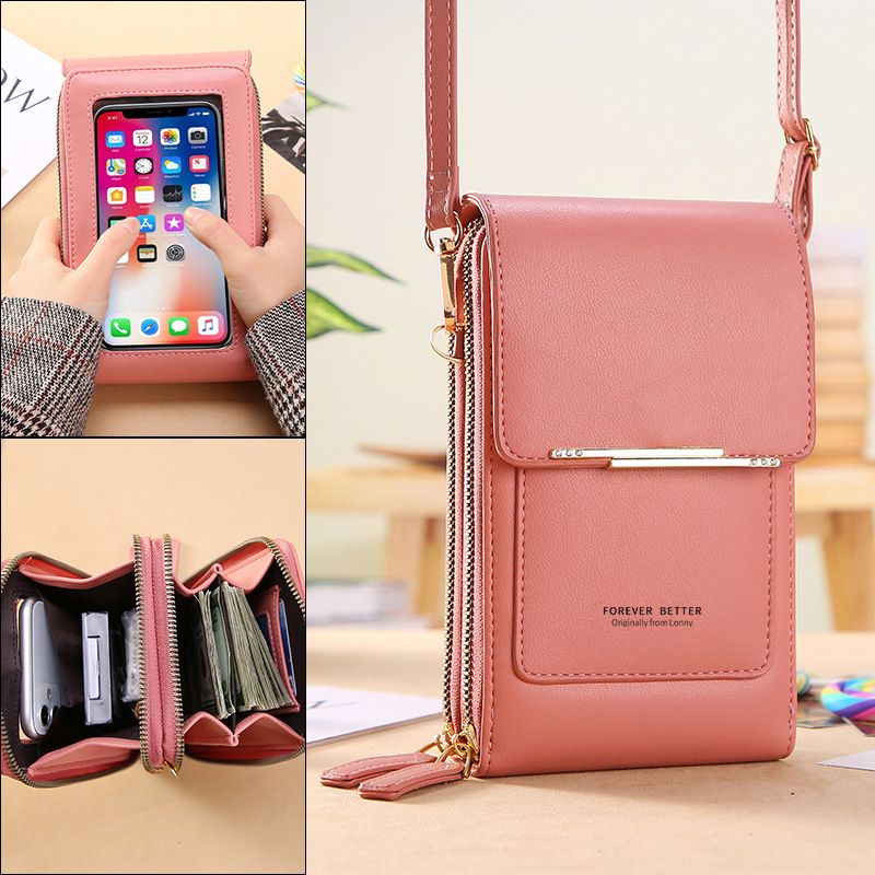 Pink Touch Screen Phone Wallet Crossbody Bag for Women Vertical PU Leather Purse with Card Holder Zipper Pocket Adjustable Strap for Travel Shopping Everyday Use