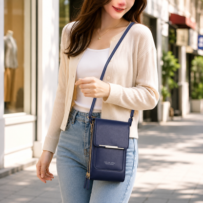 Blue Touch Screen Phone Wallet Crossbody Bag for Women Vertical PU Leather Purse with Card Holder Zipper Pocket Adjustable Strap for Travel Shopping Everyday Use