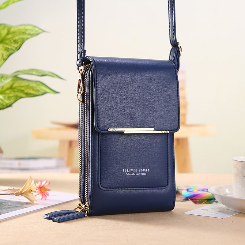Blue Touch Screen Phone Wallet Crossbody Bag for Women Vertical PU Leather Purse with Card Holder Zipper Pocket Adjustable Strap for Travel Shopping Everyday Use