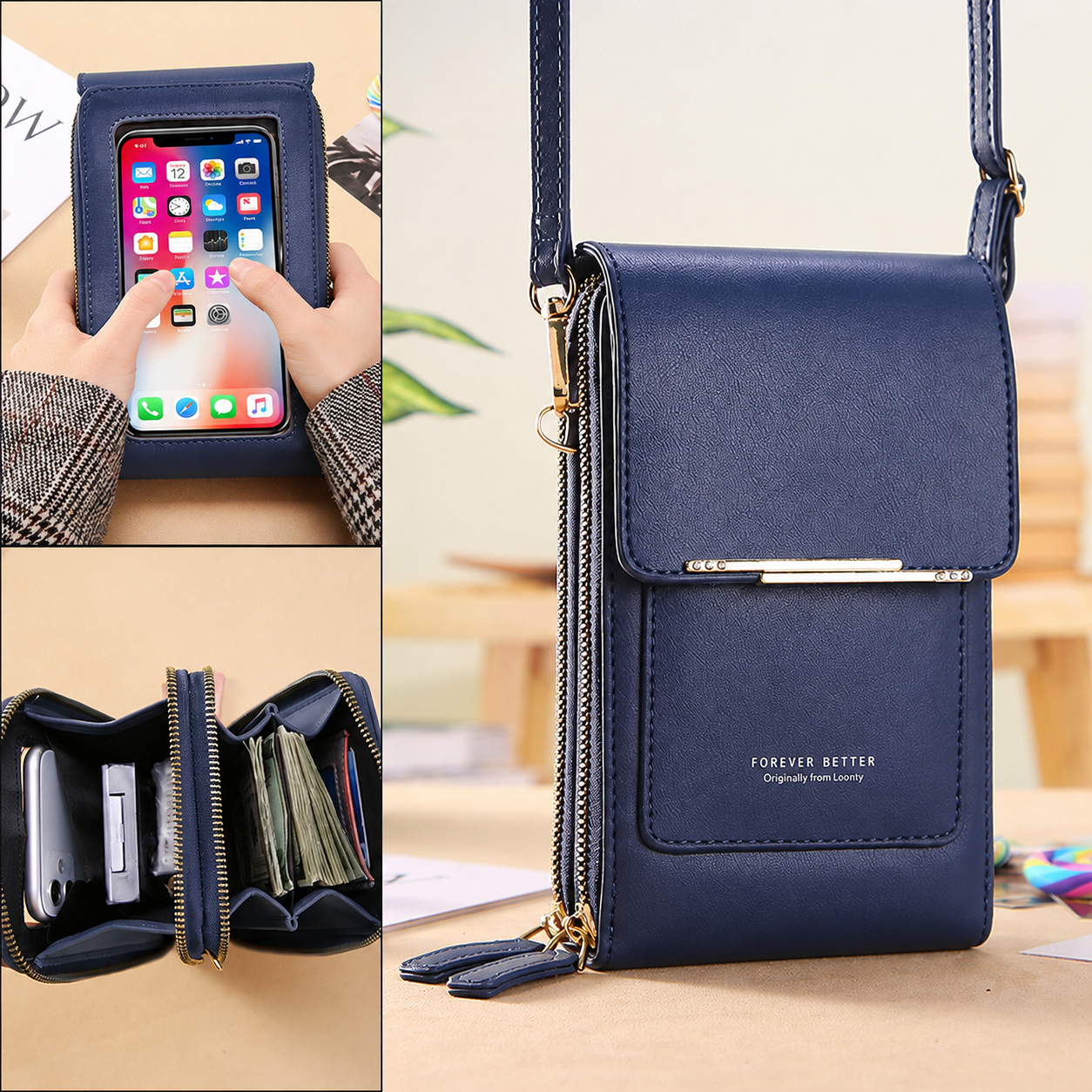 Blue Touch Screen Phone Wallet Crossbody Bag for Women Vertical PU Leather Purse with Card Holder Zipper Pocket Adjustable Strap for Travel Shopping Everyday Use
