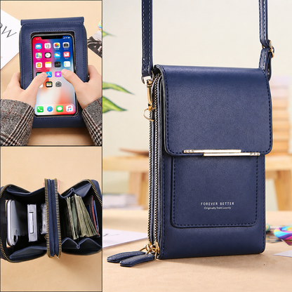 Blue Touch Screen Phone Wallet Crossbody Bag for Women Vertical PU Leather Purse with Card Holder Zipper Pocket Adjustable Strap for Travel Shopping Everyday Use