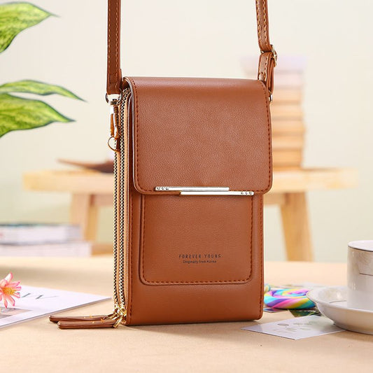 Brown Touch Screen Phone Wallet Crossbody Bag for Women Vertical PU Leather Purse with Card Holder Zipper Pocket Adjustable Strap for Travel Shopping Everyday Use