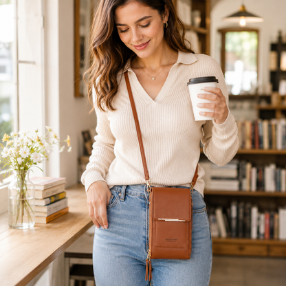 Brown Touch Screen Phone Wallet Crossbody Bag for Women Vertical PU Leather Purse with Card Holder Zipper Pocket Adjustable Strap for Travel Shopping Everyday Use