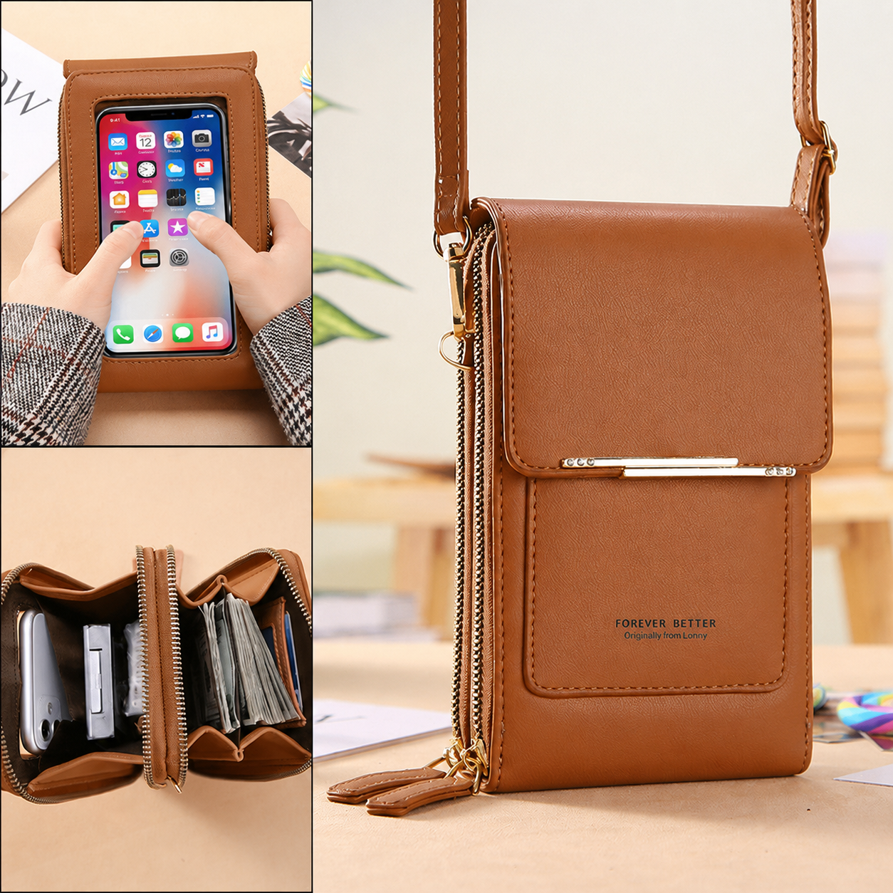 Brown Touch Screen Phone Wallet Crossbody Bag for Women Vertical PU Leather Purse with Card Holder Zipper Pocket Adjustable Strap for Travel Shopping Everyday Use