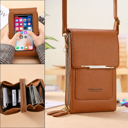 Brown Touch Screen Phone Wallet Crossbody Bag for Women Vertical PU Leather Purse with Card Holder Zipper Pocket Adjustable Strap for Travel Shopping Everyday Use