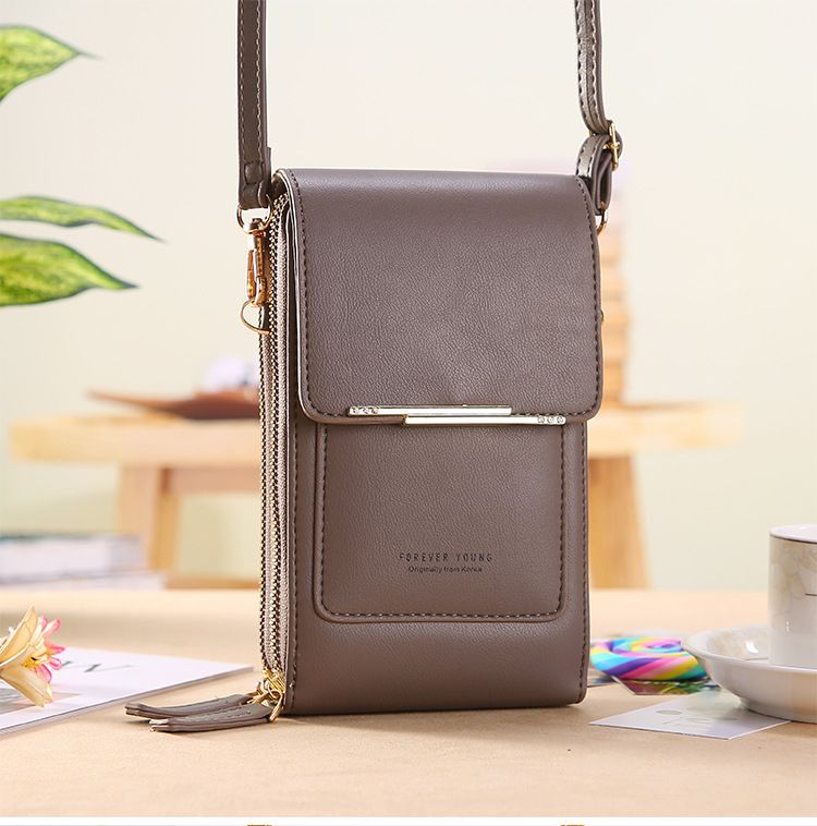 Gray Touch Screen Phone Wallet Crossbody Bag for Women Vertical PU Leather Purse with Card Holder Zipper Pocket Adjustable Strap for Travel Shopping Everyday Use