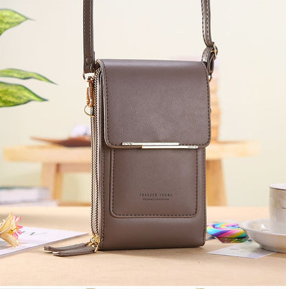 Gray Touch Screen Phone Wallet Crossbody Bag for Women Vertical PU Leather Purse with Card Holder Zipper Pocket Adjustable Strap for Travel Shopping Everyday Use