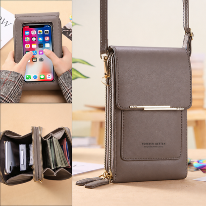 Gray Touch Screen Phone Wallet Crossbody Bag for Women Vertical PU Leather Purse with Card Holder Zipper Pocket Adjustable Strap for Travel Shopping Everyday Use