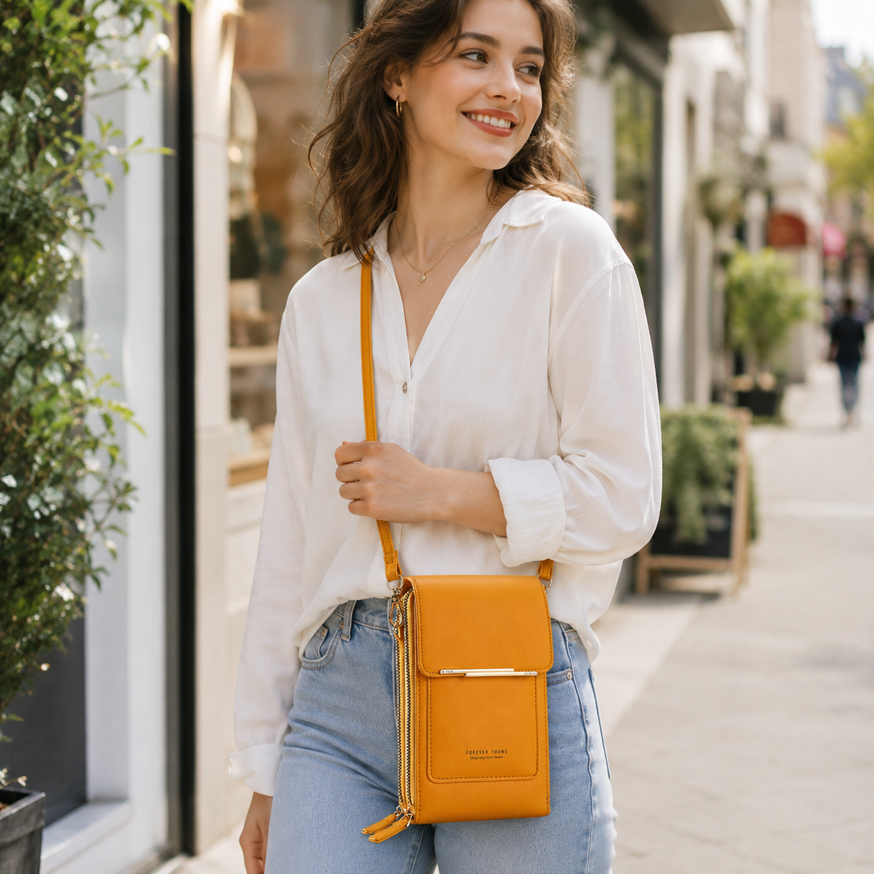 Yellow Touch Screen Phone Wallet Crossbody Bag for Women Vertical PU Leather Purse with Card Holder Zipper Pocket Adjustable Strap for Travel Shopping Everyday Use