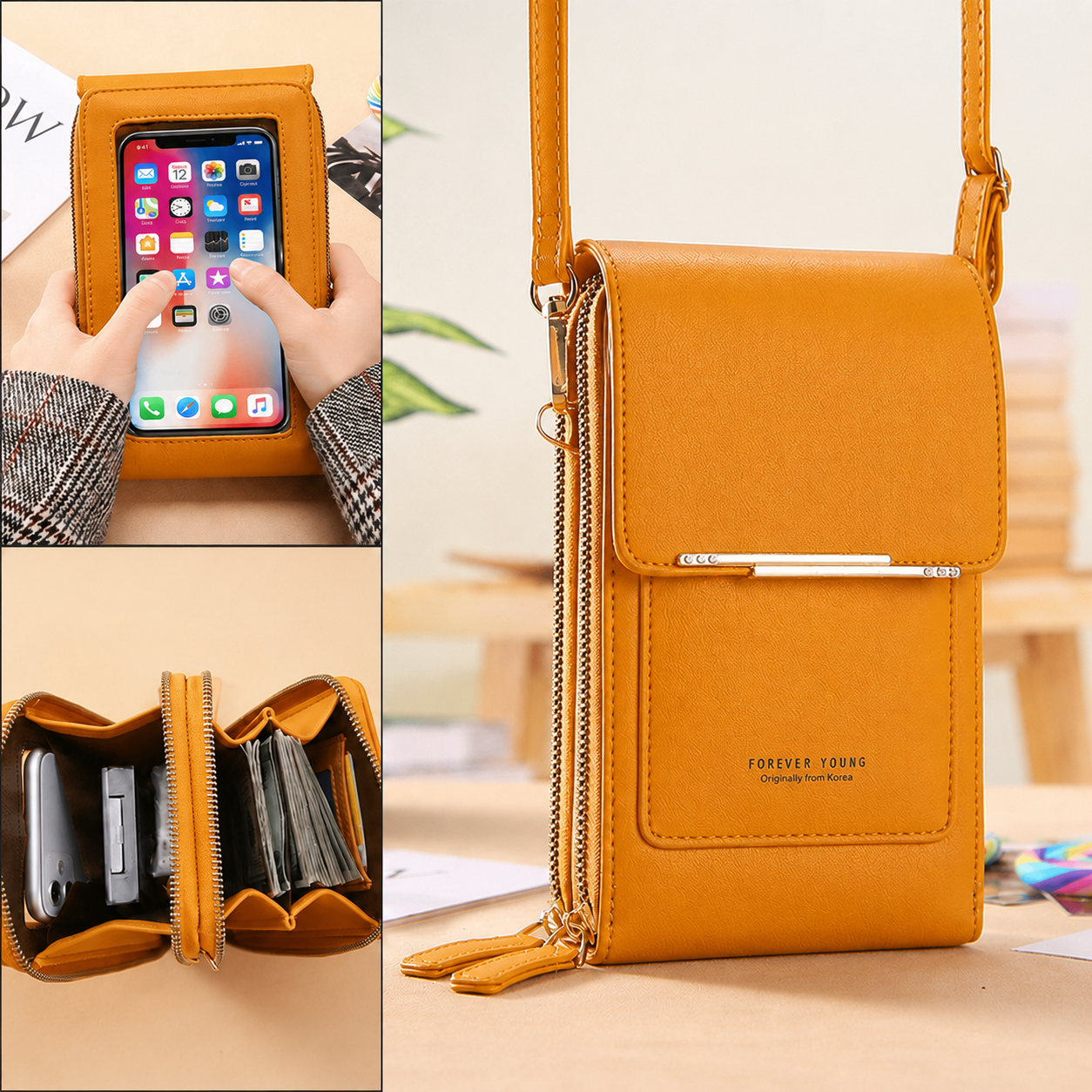 Yellow Touch Screen Phone Wallet Crossbody Bag for Women Vertical PU Leather Purse with Card Holder Zipper Pocket Adjustable Strap for Travel Shopping Everyday Use