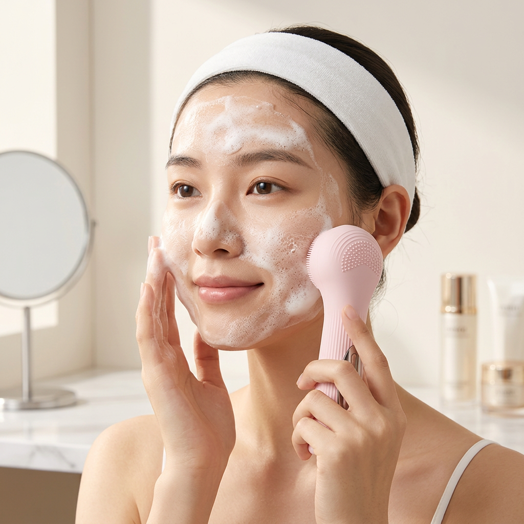 Pink Heated Silicone Facial Cleansing Brush - Dual Sided, Rechargeable, 3 Vibration Levels, Magnetic Charging for Daily Skincare, Bathroom and Travel