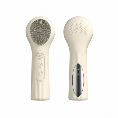 Beige Heated Silicone Facial Cleansing Brush - Dual Sided, Rechargeable, 3 Vibration Levels, Magnetic Charging for Daily Skincare, Bathroom and Travel