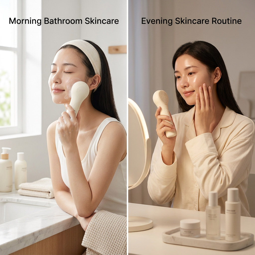 Beige Heated Silicone Facial Cleansing Brush - Dual Sided, Rechargeable, 3 Vibration Levels, Magnetic Charging for Daily Skincare, Bathroom and Travel
