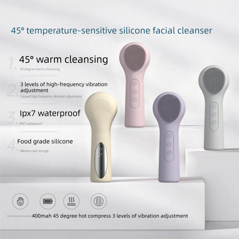 Beige Heated Silicone Facial Cleansing Brush - Dual Sided, Rechargeable, 3 Vibration Levels, Magnetic Charging for Daily Skincare, Bathroom and Travel