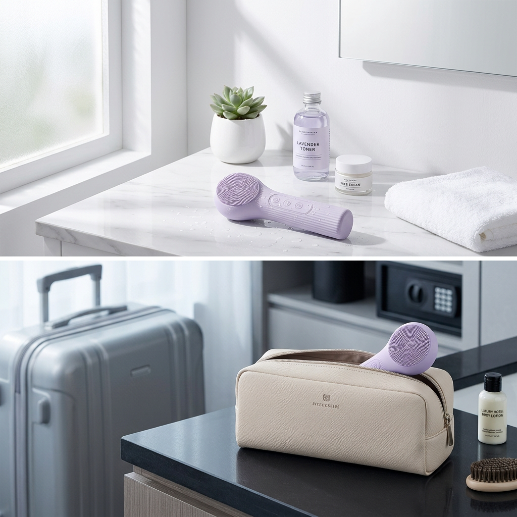 Purple Heated Silicone Facial Cleansing Brush - Dual Sided, Rechargeable, 3 Vibration Levels, Magnetic Charging for Daily Skincare, Bathroom and Travel