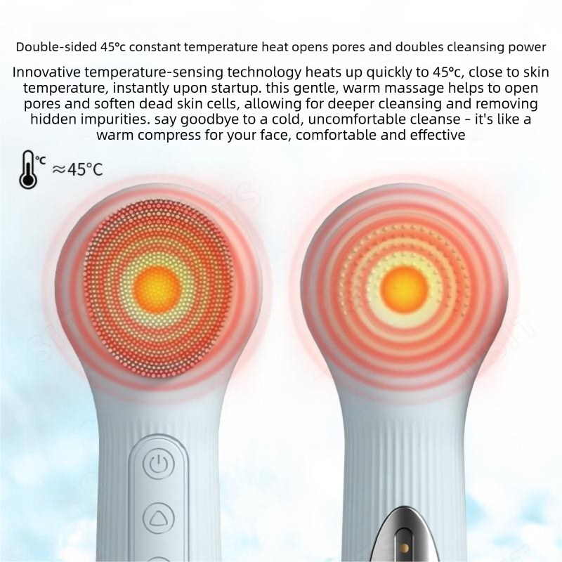 Purple Heated Silicone Facial Cleansing Brush - Dual Sided, Rechargeable, 3 Vibration Levels, Magnetic Charging for Daily Skincare, Bathroom and Travel
