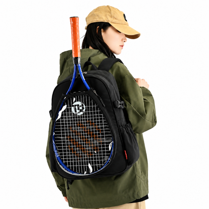 Black Sports Racket Backpack - Lightweight Casual Travel Bag with Separate Racket Compartment, Shoe Compartment, Bottle Pocket for Tennis, Badminton, Gym and Outdoor Use