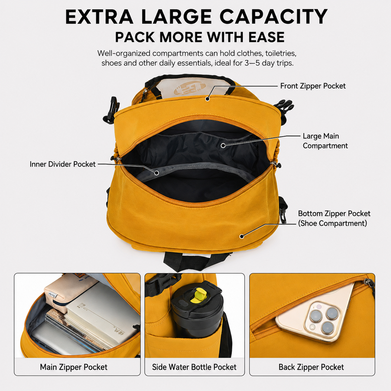 Black Sports Racket Backpack - Lightweight Casual Travel Bag with Separate Racket Compartment, Shoe Compartment, Bottle Pocket for Tennis, Badminton, Gym and Outdoor Use
