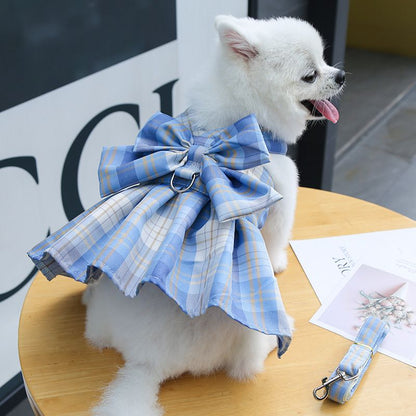 Blue Plaid Pet Harness Dress with Leash for Small Dogs and Cats S Size Bow Design Vest Outfit Walking Accessory