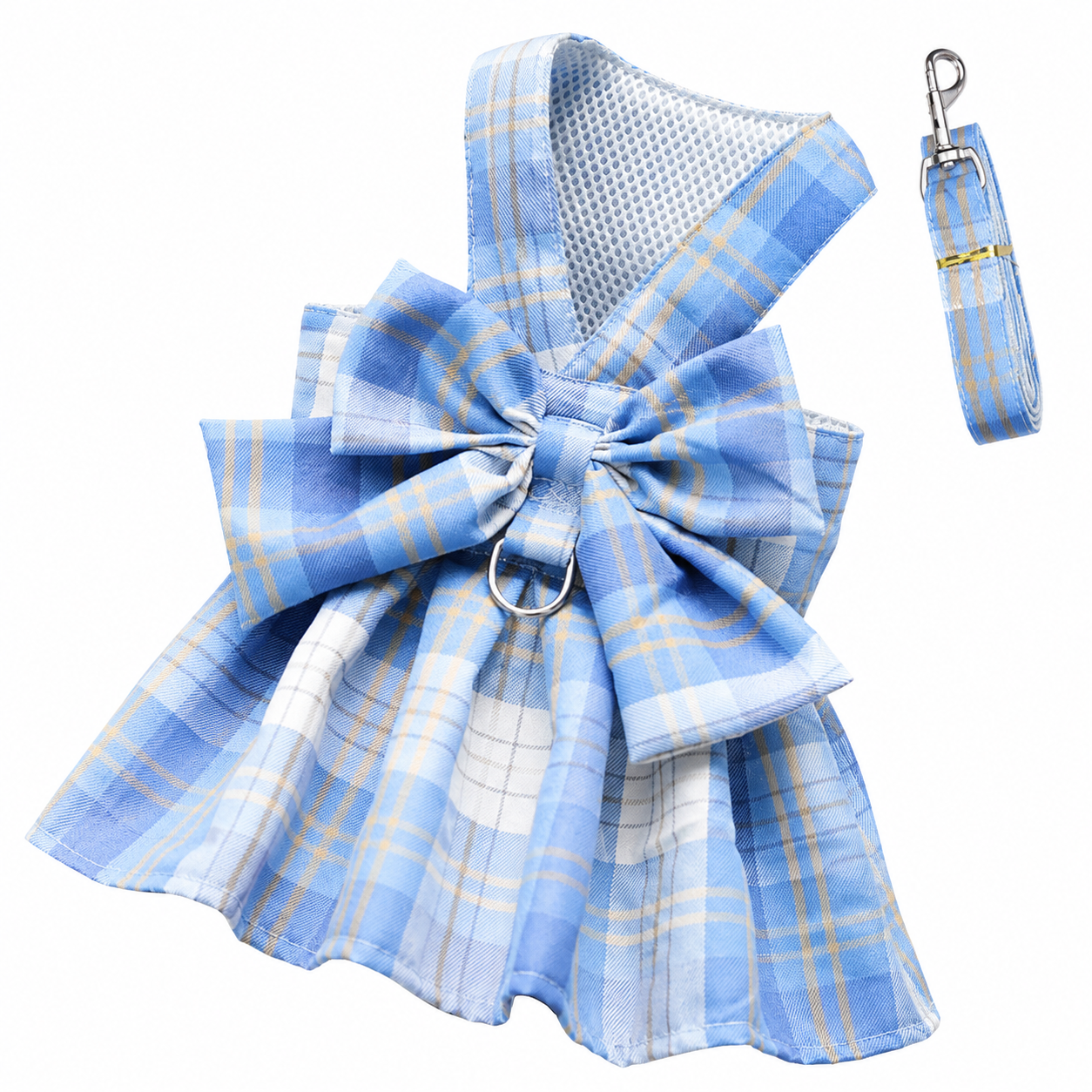 Blue Plaid Pet Harness Dress with Leash for Small Dogs and Cats M Size Bow Design Vest Outfit Walking Accessory