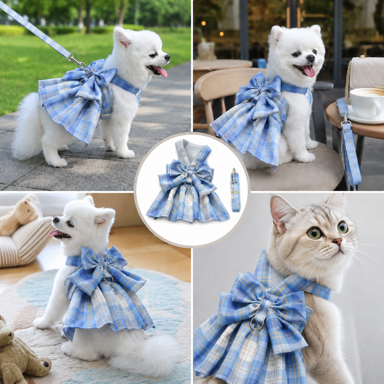 Blue Plaid Pet Harness Dress with Leash for Small Dogs and Cats M Size Bow Design Vest Outfit Walking Accessory