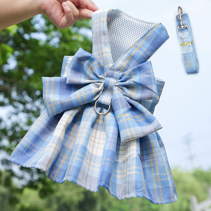 Blue Plaid Pet Harness Dress with Leash for Small Dogs and Cats M Size Bow Design Vest Outfit Walking Accessory