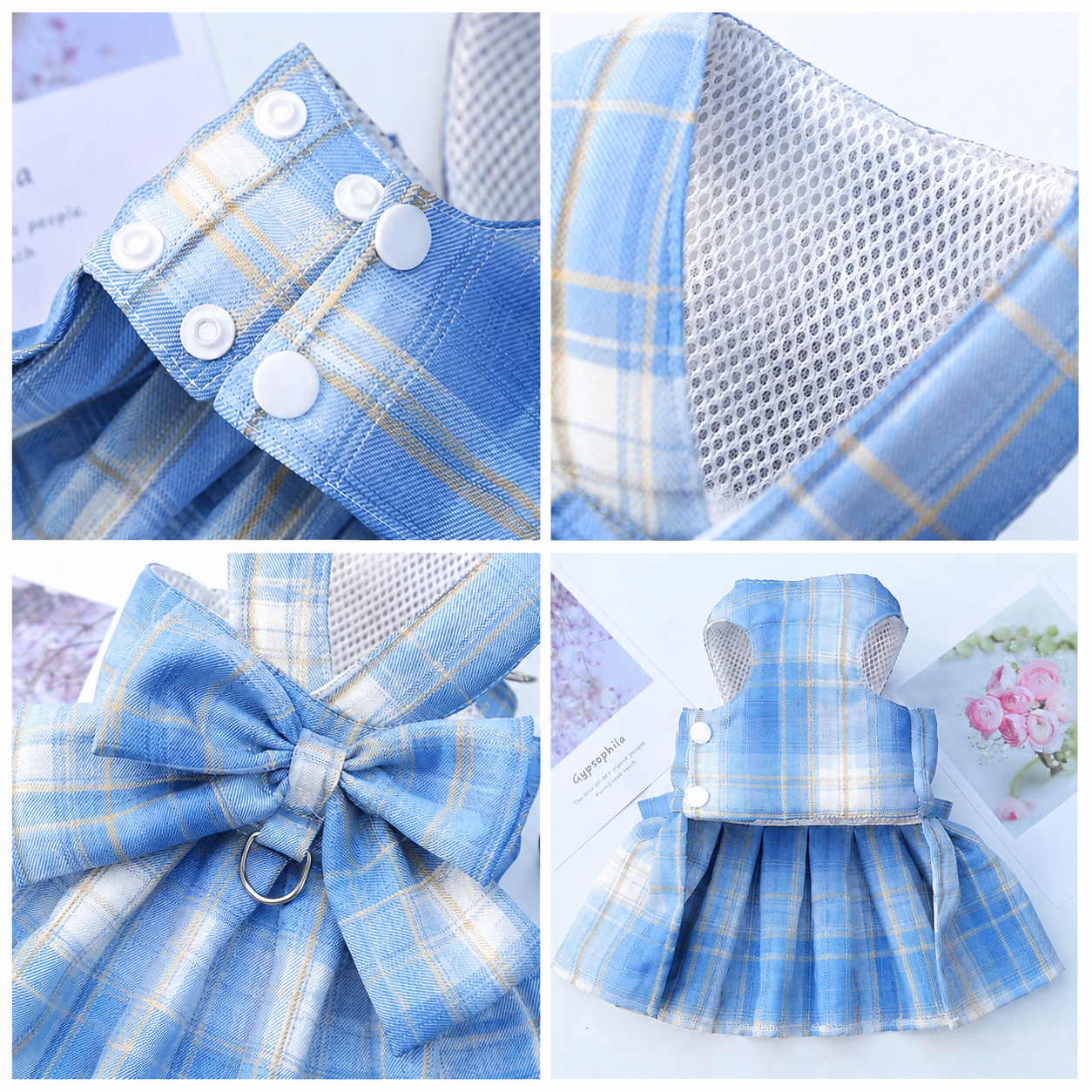 Blue Plaid Pet Harness Dress with Leash for Small Dogs and Cats XL Size Bow Design Vest Outfit Walking Accessory