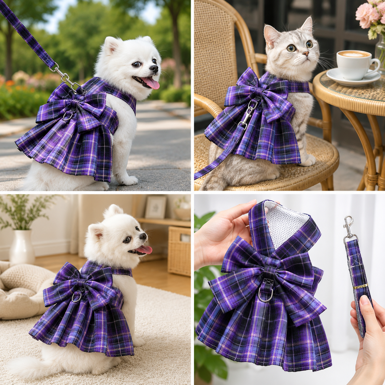 Dark Purple Plaid Pet Harness Dress with Leash for Small Dogs and Cats S Size Bow Design Vest Outfit Walking Accessory