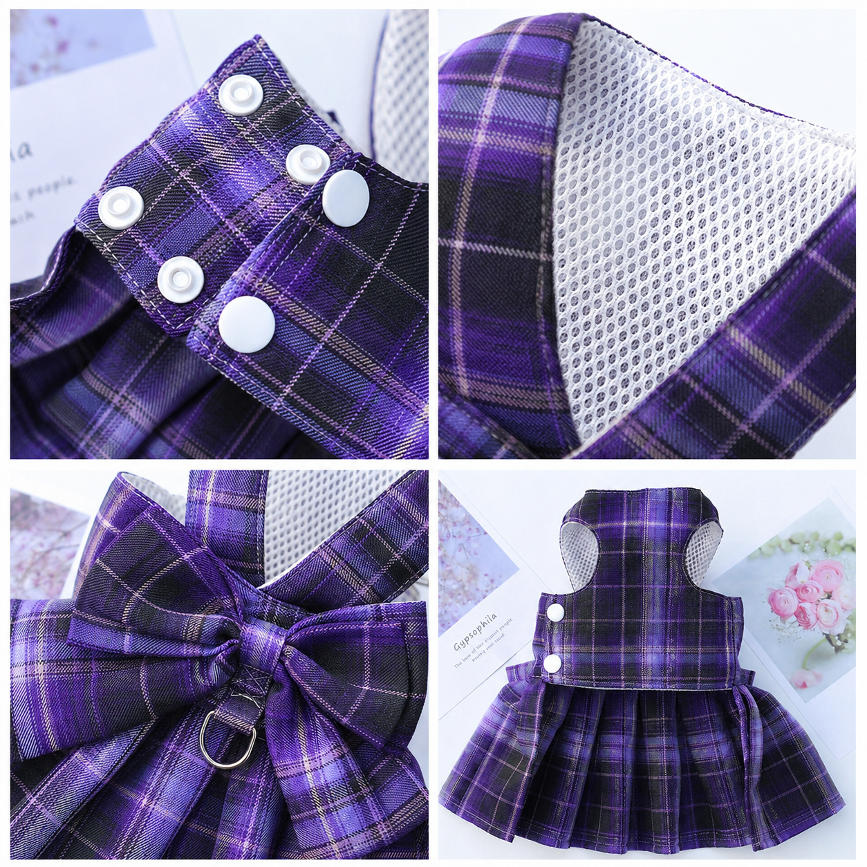 Dark Purple Plaid Pet Harness Dress with Leash for Small Dogs and Cats S Size Bow Design Vest Outfit Walking Accessory