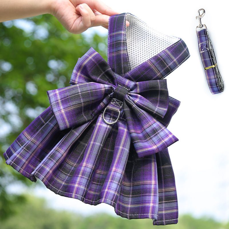 Dark Purple Plaid Pet Harness Dress with Leash for Small Dogs and Cats M Size Bow Design Vest Outfit Walking Accessory