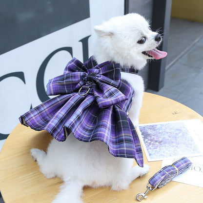 Dark Purple Plaid Pet Harness Dress with Leash for Small Dogs and Cats L Size Bow Design Vest Outfit Walking Accessory