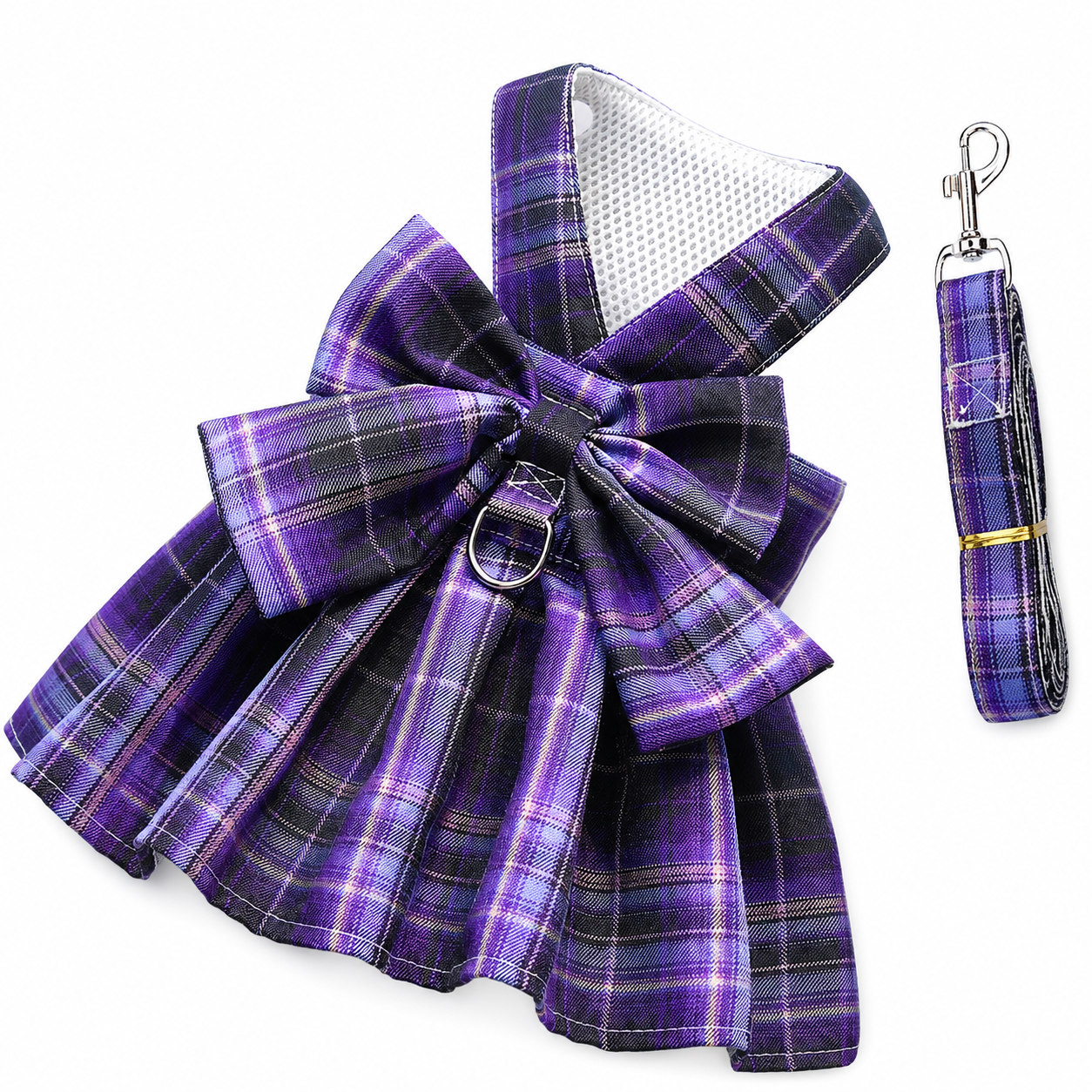 Dark Purple Plaid Pet Harness Dress with Leash for Small Dogs and Cats XL Size Bow Design Vest Outfit Walking Accessory