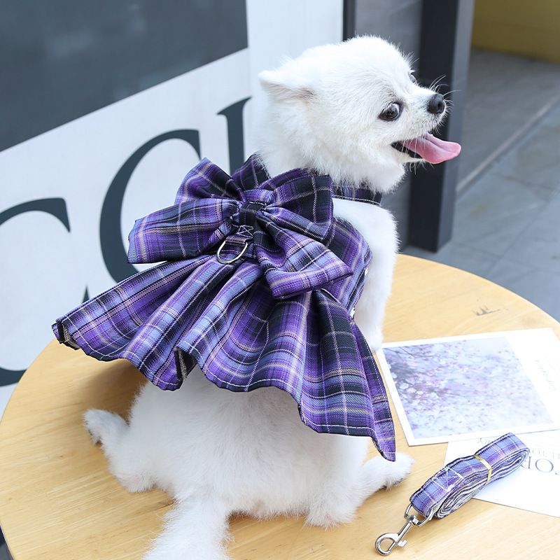 Dark Purple Plaid Pet Harness Dress with Leash for Small Dogs and Cats XL Size Bow Design Vest Outfit Walking Accessory
