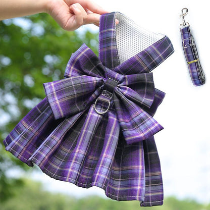 Dark Purple Plaid Pet Harness Dress with Leash for Small Dogs and Cats XXL Size Bow Design Vest Outfit Walking Accessory