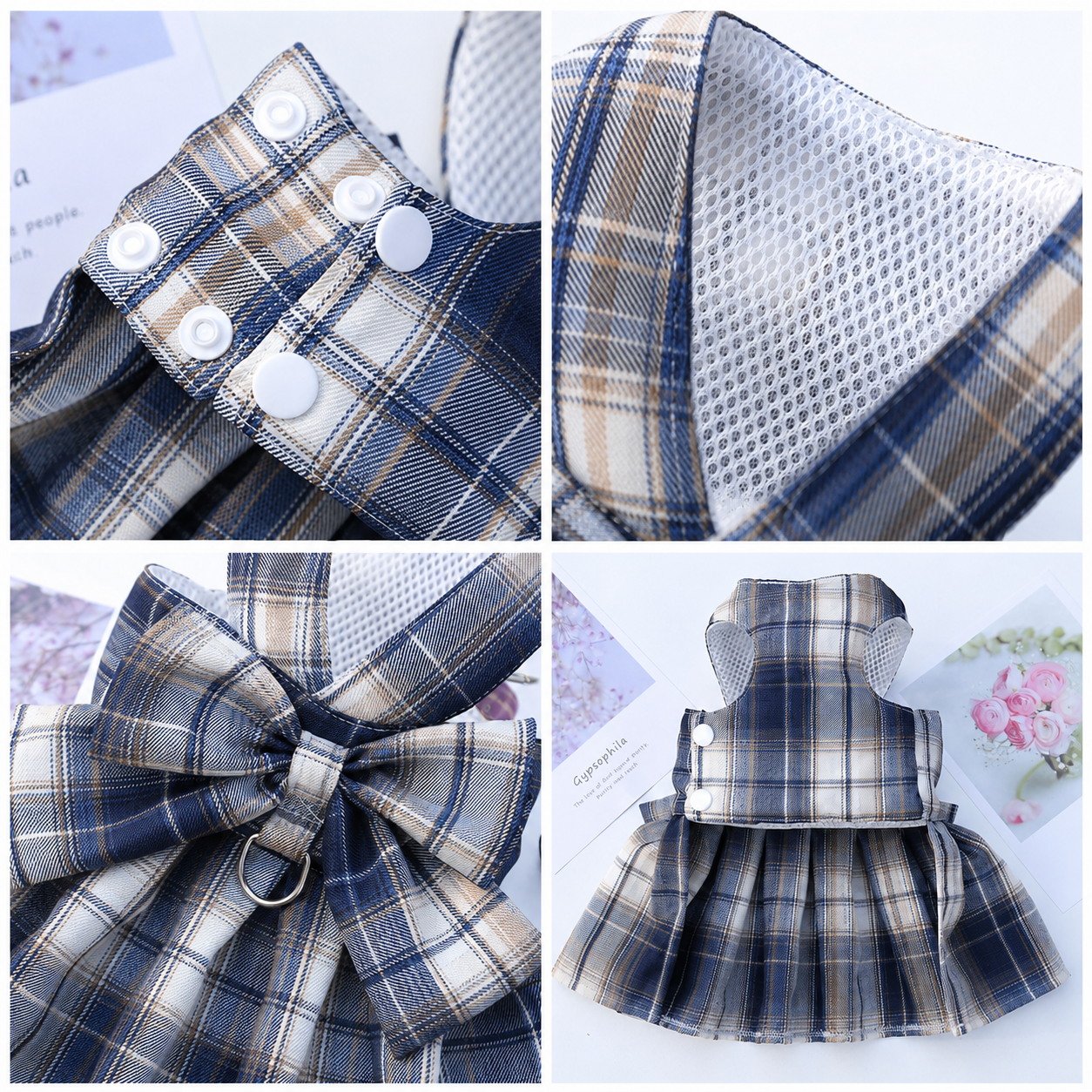 Navy Blue Plaid Pet Harness Dress with Leash for Small Dogs and Cats XS Size Bow Design Vest Outfit Walking Accessory