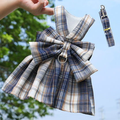 Navy Blue Plaid Pet Harness Dress with Leash for Small Dogs and Cats XS Size Bow Design Vest Outfit Walking Accessory