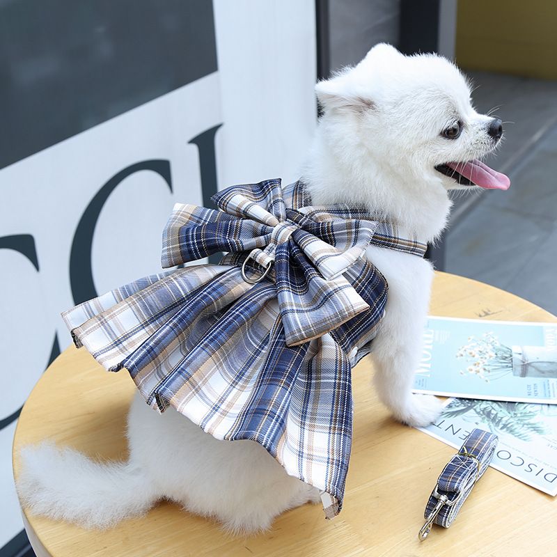 Navy Blue Plaid Pet Harness Dress with Leash for Small Dogs and Cats M Size Bow Design Vest Outfit Walking Accessory