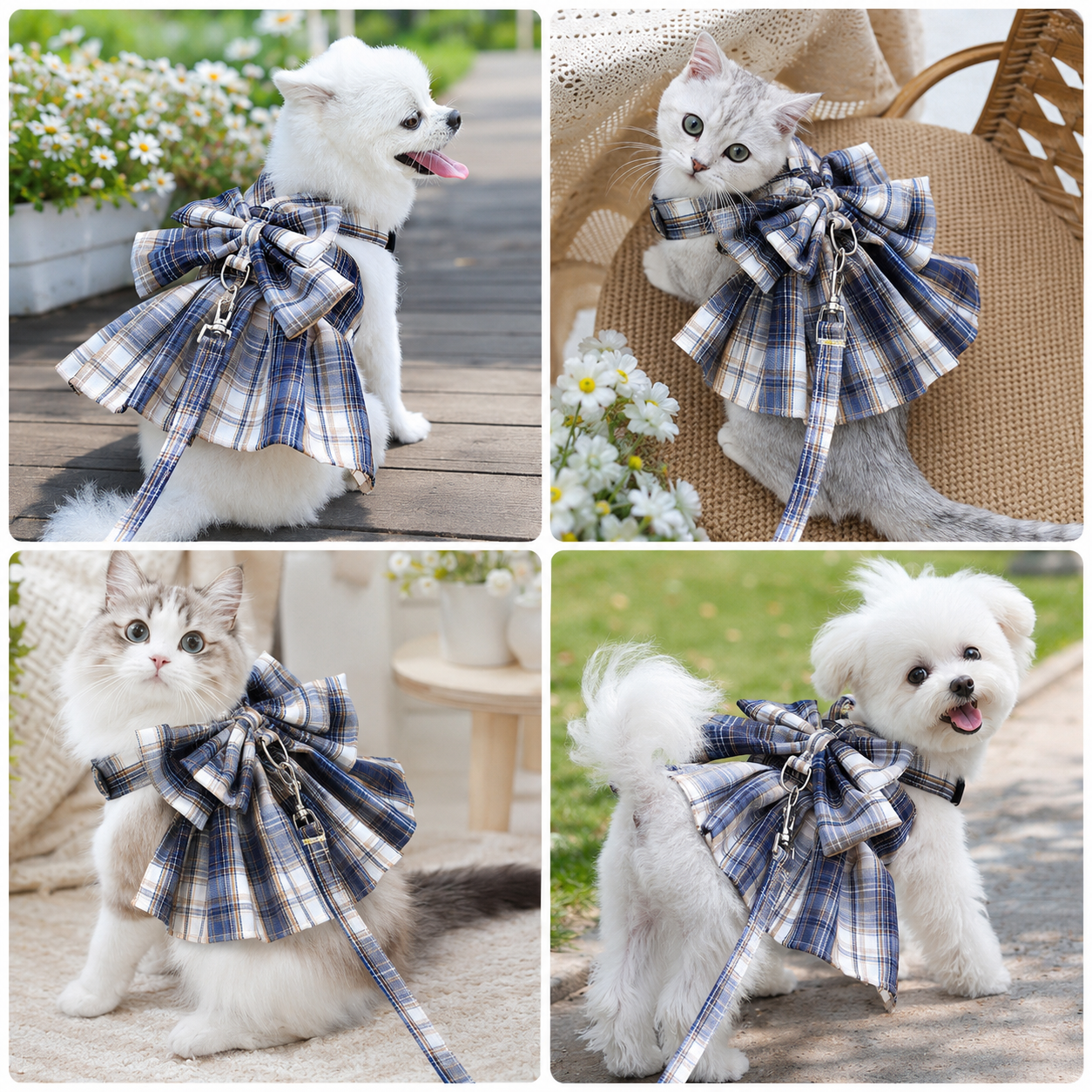 Navy Blue Plaid Pet Harness Dress with Leash for Small Dogs and Cats XL Size Bow Design Vest Outfit Walking Accessory