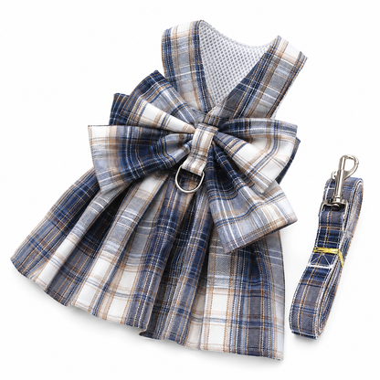 Navy Blue Plaid Pet Harness Dress with Leash for Small Dogs and Cats XXL Size Bow Design Vest Outfit Walking Accessory