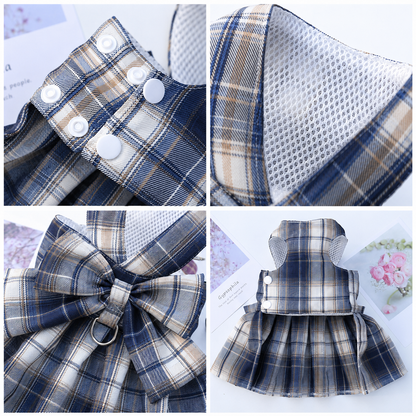 Navy Blue Plaid Pet Harness Dress with Leash for Small Dogs and Cats XXL Size Bow Design Vest Outfit Walking Accessory