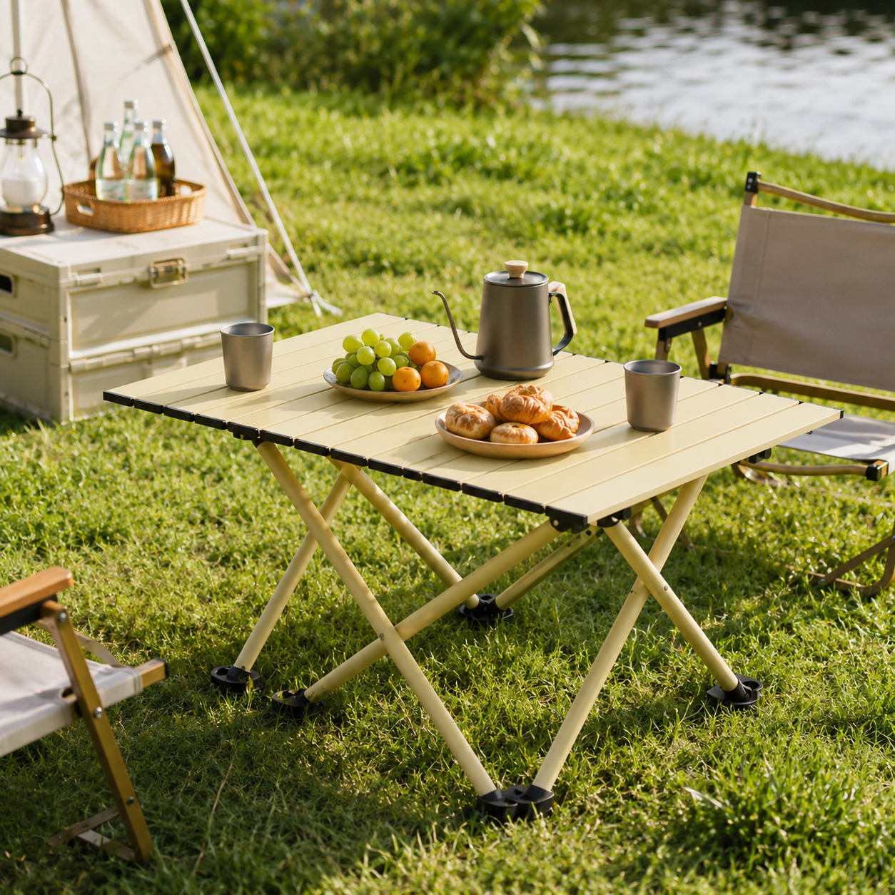 Beige Portable Folding Table - 57*41cm Carbon Steel Compact Carry Design, Quick Setup and Space Saving Storage for Market Stalls, Camping and Outdoor Use