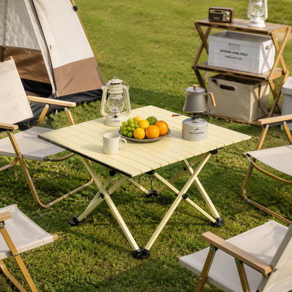 Beige Portable Folding Table - 57*41cm Carbon Steel Compact Carry Design, Quick Setup and Space Saving Storage for Market Stalls, Camping and Outdoor Use