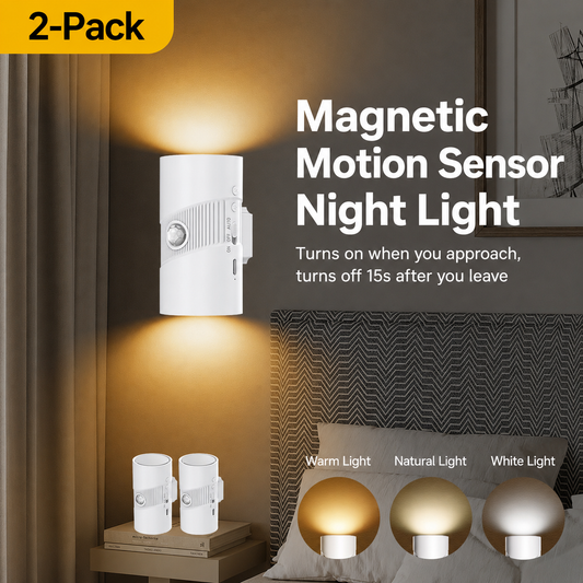 2-Pack White Rechargeable Magnetic Dual Direction Wall Lamp - Widely Triple Sensing, 15s Automatic Timing & Constant On Mode, 3 Colours and 4 Brightness Levels for Hallways and Bedrooms