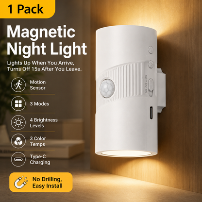 White Rechargeable Magnetic Dual Direction Wall Lamp - Widely Triple Sensing, 15s Automatic Timing & Constant On Mode, 3 Colours and 4 Brightness Levels for Hallways and Bedrooms