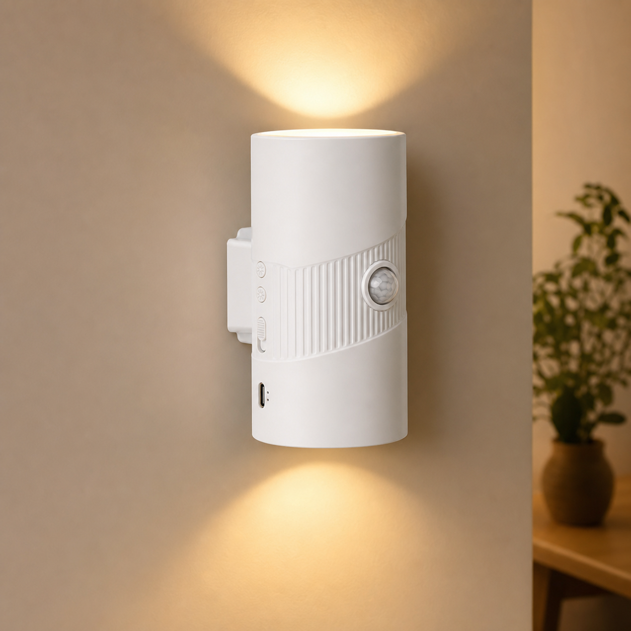 White Rechargeable Magnetic Dual Direction Wall Lamp - Widely Triple Sensing, 15s Automatic Timing & Constant On Mode, 3 Colours and 4 Brightness Levels for Hallways and Bedrooms