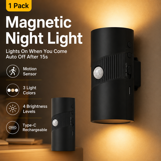 Black Rechargeable Magnetic Dual Direction Wall Lamp - Widely Triple Sensing, 15s Automatic Timing & Constant On Mode, 3 Colours and 4 Brightness Levels for Hallways and Bedrooms
